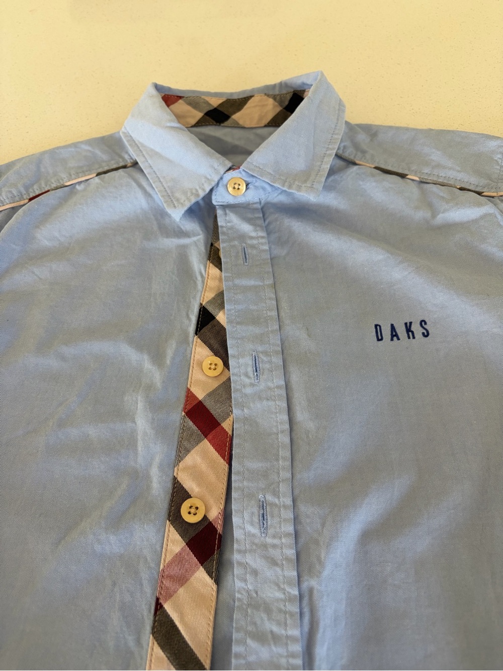 DAKS - England- Light Blue Boys’ Button-Down Shirt with Plaid Trim